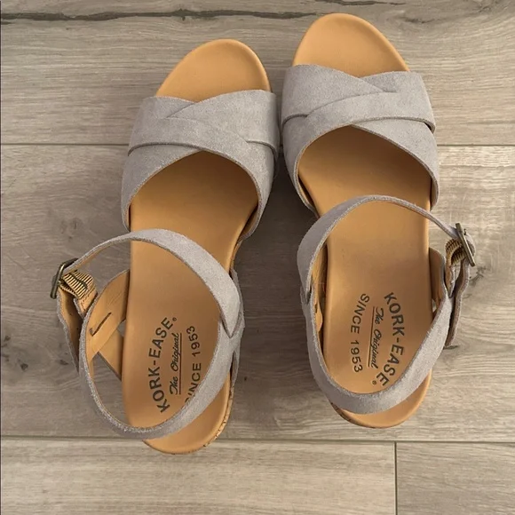 Kork-Ease Gray Suede Leather + Tan Crisscross Ankle Strap Cork Wedge Sandals - Picture 3 of 9